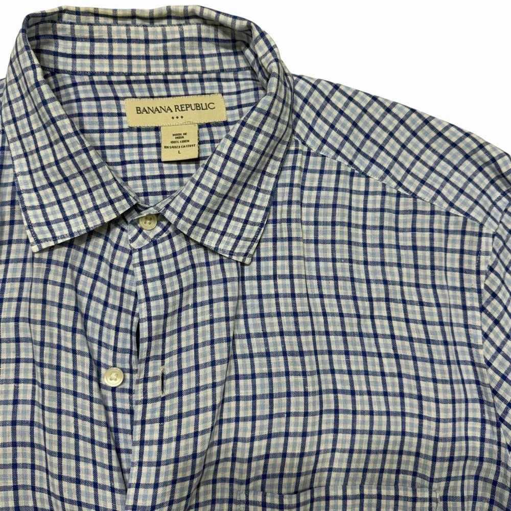 Banana Republic Linen‎ Shirt Mens L Blue Plaid Short Sleeve Summer